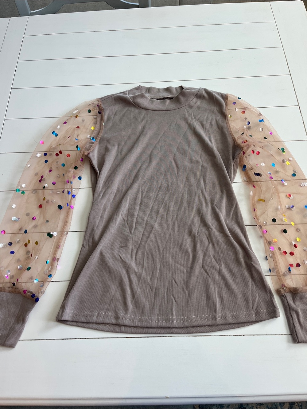 Women’s Taupe Top with Sequin Sheer Sleeves